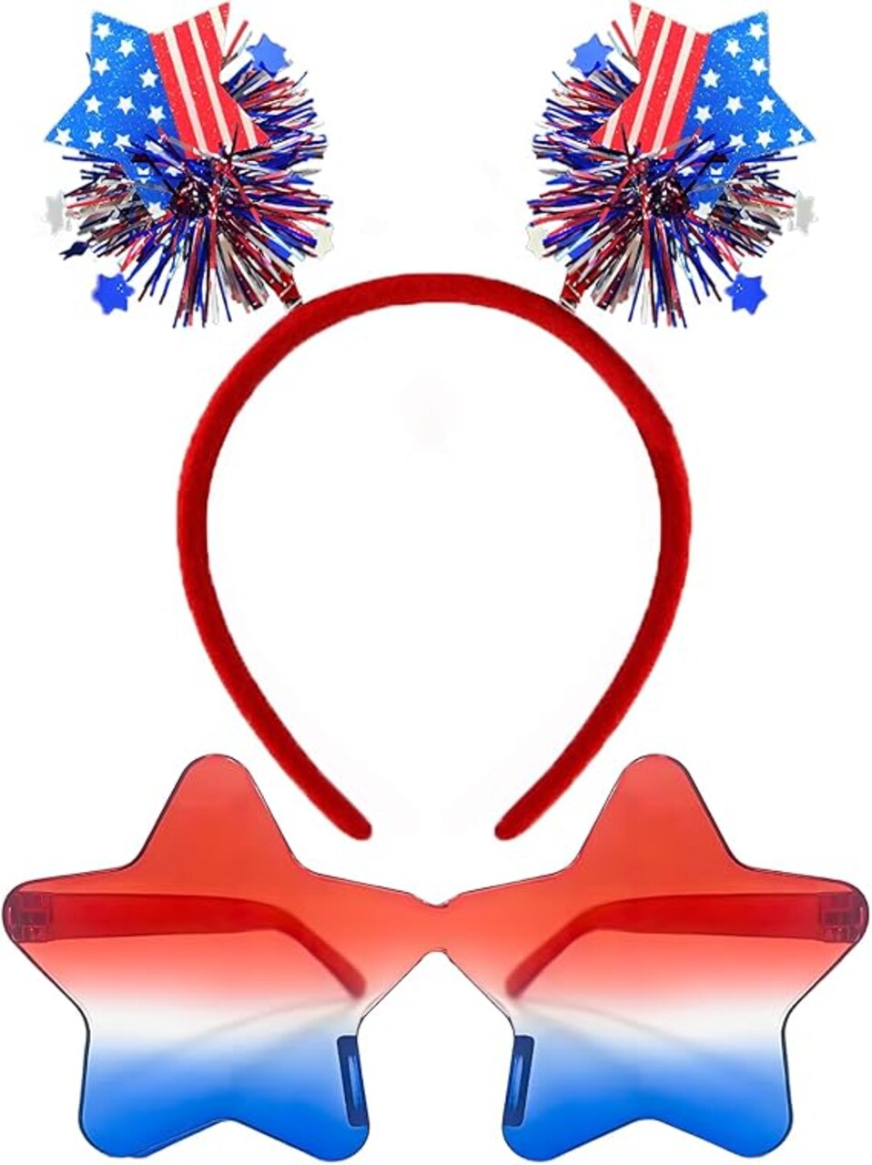 Patriotic Star Headband & Star-Shaped Glasses Set – Red, White & Blue Head Bopper Costume Accessories for 4th of July, Independence Day, Memorial Day, Veterans Day, Parades & Parties